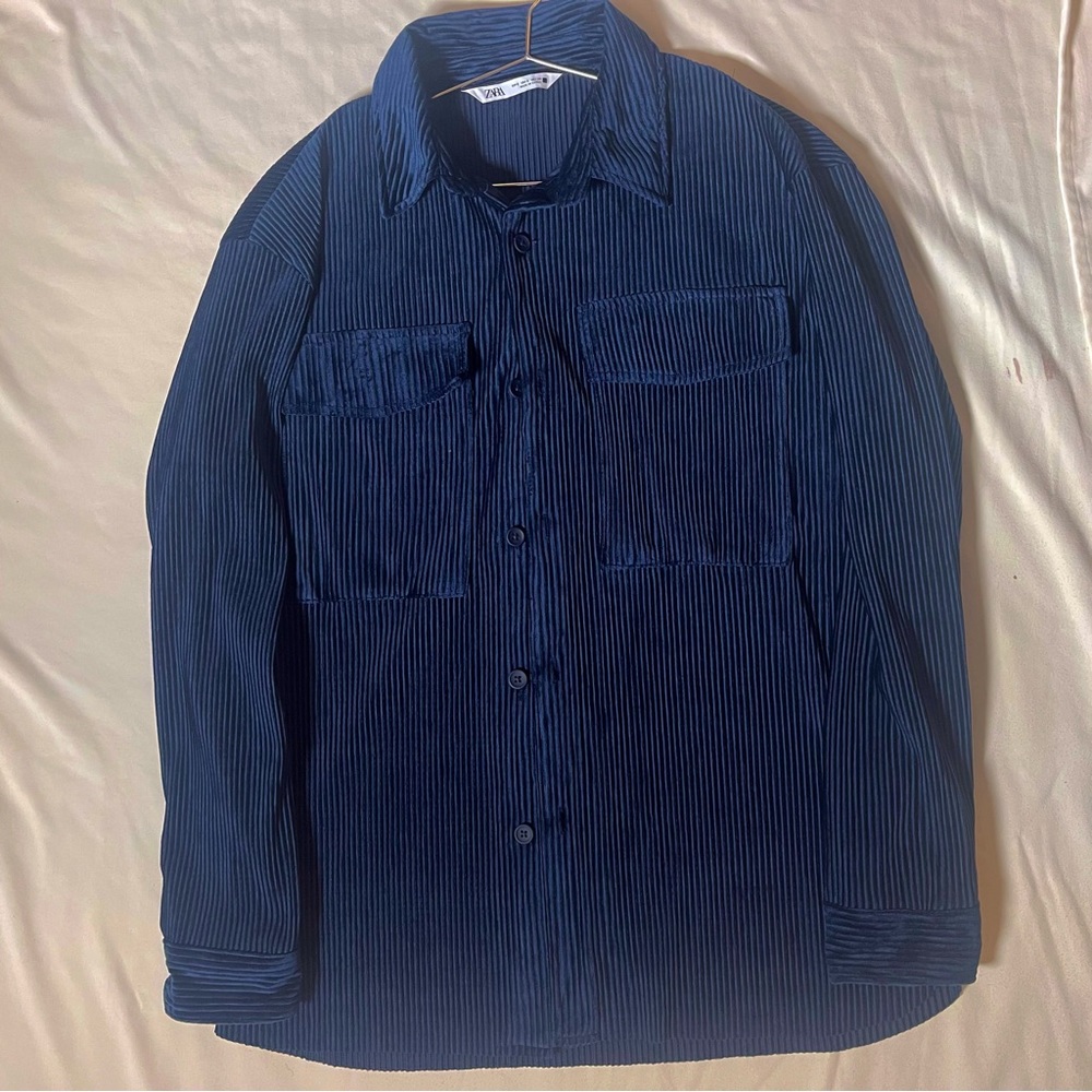Zara Navy Blue Velvet Button Up Shirt